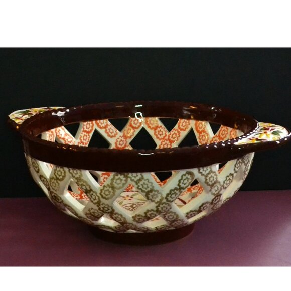 Temptations Lattice Work Basket Ceramic Bowl Brown Orange Kitchen Bakeware Decor - Picture 4 of 8
